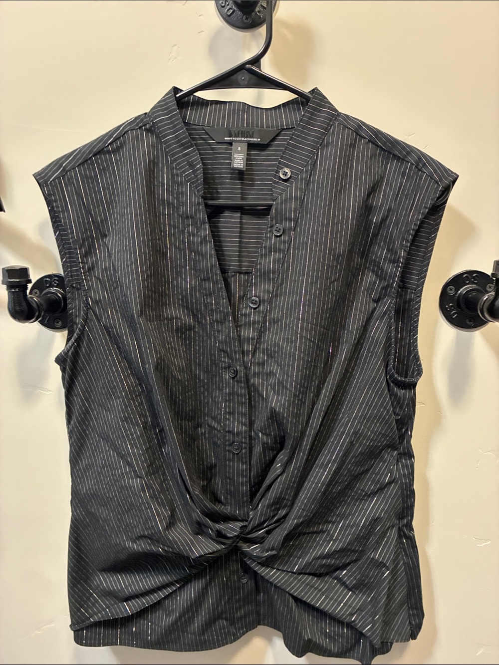 WHBM Black with Metallic Pinstripe Twist-Front Sleeveless Blouse Size 8